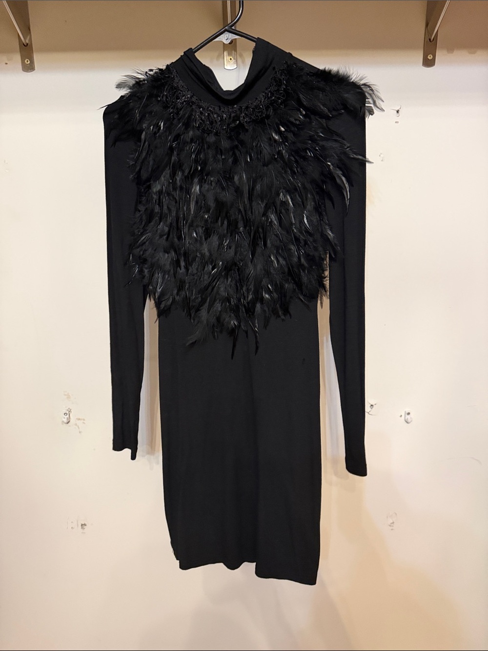 Gracia Black Long Sleeve Feather-Trim Dress